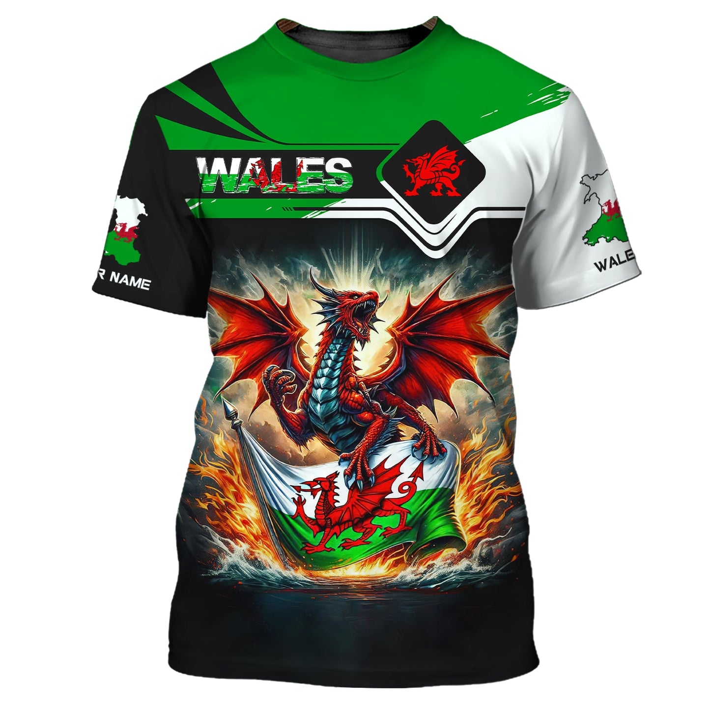 Camiseta personalizada con dragón rojo y bandera de Gales, sudadera con capucha y cremallera 3D con nombre personalizado, regalo para amantes de Gales