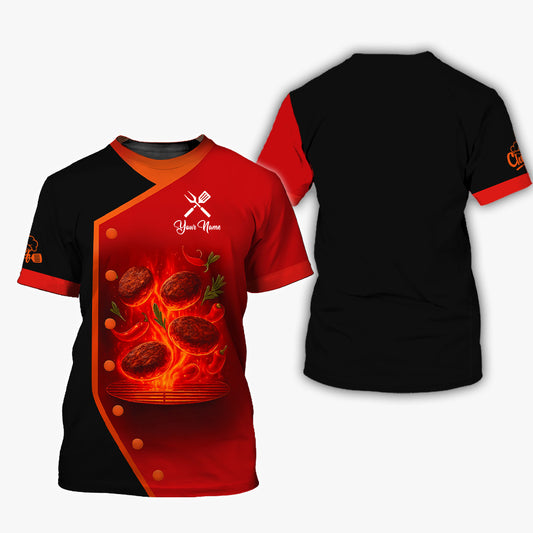 Personalized BBQ Chef T Shirt - Flaming Grill Patties Red Black Design