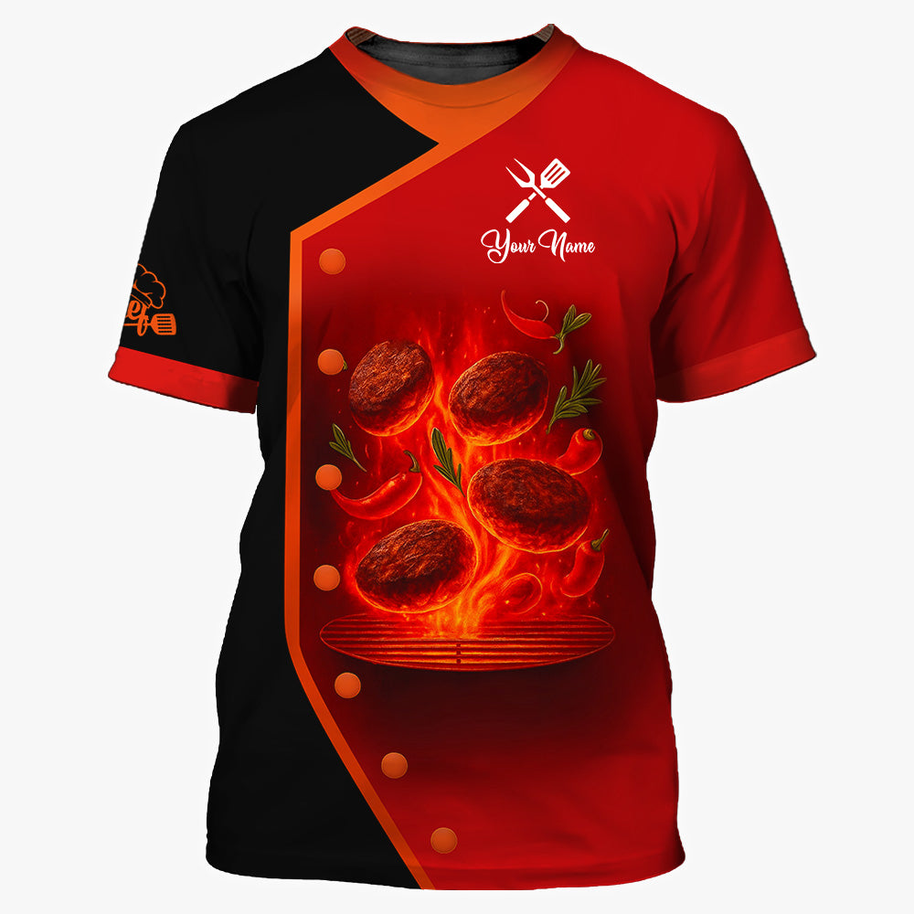 Personalized BBQ Chef T Shirt - Flaming Grill Patties Red Black Design