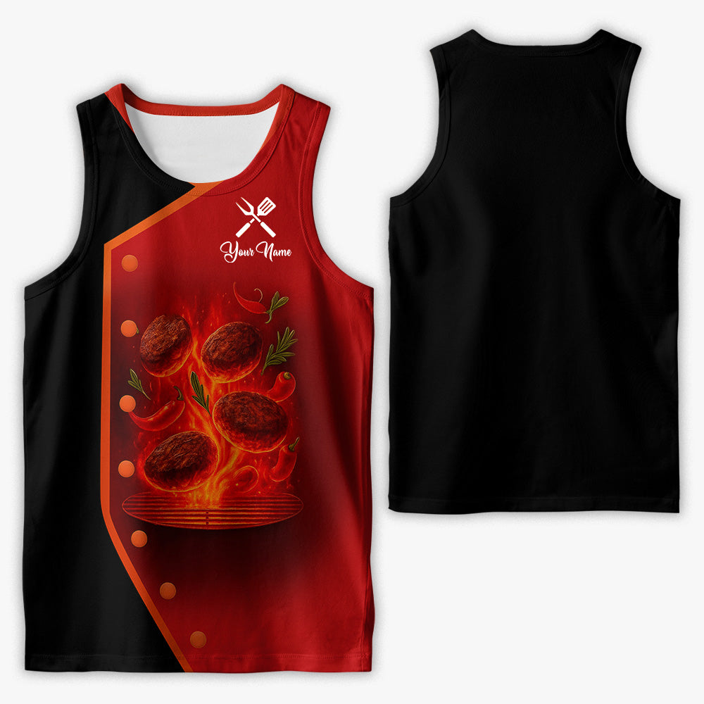 Personalized BBQ Chef T Shirt - Flaming Grill Patties Red Black Design