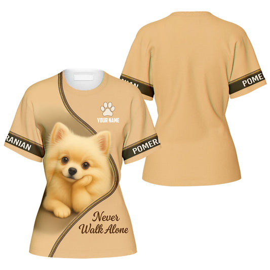 Personalized Pomeranian Unisex T Shirt - Cute Fluffy Dog Design Never Walk Alone