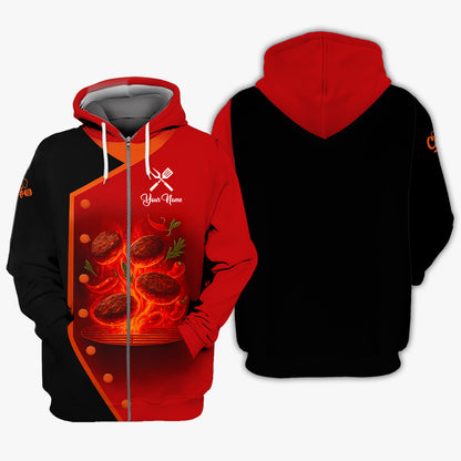 Personalized BBQ Chef T Shirt - Flaming Grill Patties Red Black Design